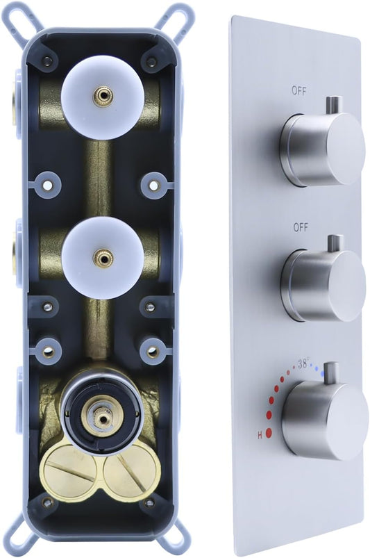 2 Function Shower Thermostatic Valve 3 Round Knob Valve Body Can Control Water Volume and Work at the Same Time Concealed Brass Bathroom Replacement Rough-In Valve(Brushed Nickel, 2-Way)