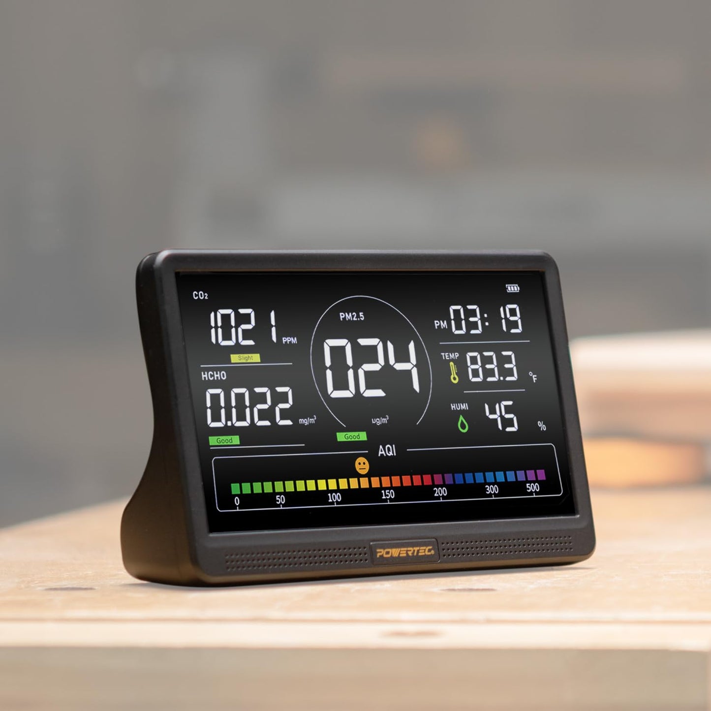 POWERTEC AD1001 Air Quality Monitor with 7” LCD Display – Multi-Sensor CO₂, PM2.5, PM10, HCHO, TVOC Detector, NDIR & Semiconductor Sensors, Rechargeable Indoor/Workshop Air Monitor