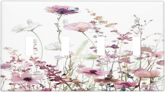Floral Pink Watercolor Wildflowers Plant Flower Light Switch Covers Quad Toggle Electrical Faceplate 4 Gang Wall Plate Decorative Switch Plates Cover for Bedroom Living Room Decor