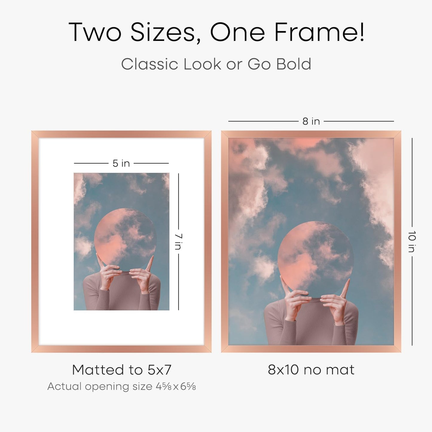 Homeforia Rose Gold 8x10 Picture Frame, High End Metal 8 x 10 Poster Frames with Mat 5 by 7 Print, 10x8 Thin Frame Matted to 7x5 Photo, 8by10 Wall or Tabletop Frame, Tempered Glass, Wall Kit, Set of 2