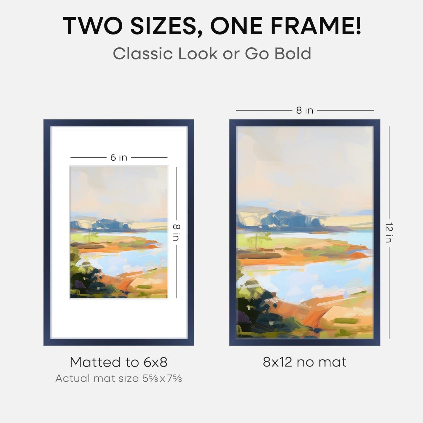 Homeforia 8x12 Picture Frame Navy Blue, High End Metal 8 x 12 Poster Frames with Mat 6 by 8 Photo, 12x8 Frame Matted to 6x8 inch Print, 8by12 Wall or Tabletop Frame, Tempered Glass, Wall Kit, Set of 2