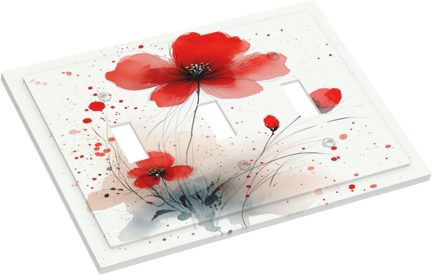 Vintage Watercolor Red Flowers Floral Decorative Switch Plates 3 Gang Wall Plate Triple Toggle Light Switch Cover Electrical Wall Panels Faceplate for Bedroom Bathroom Decor