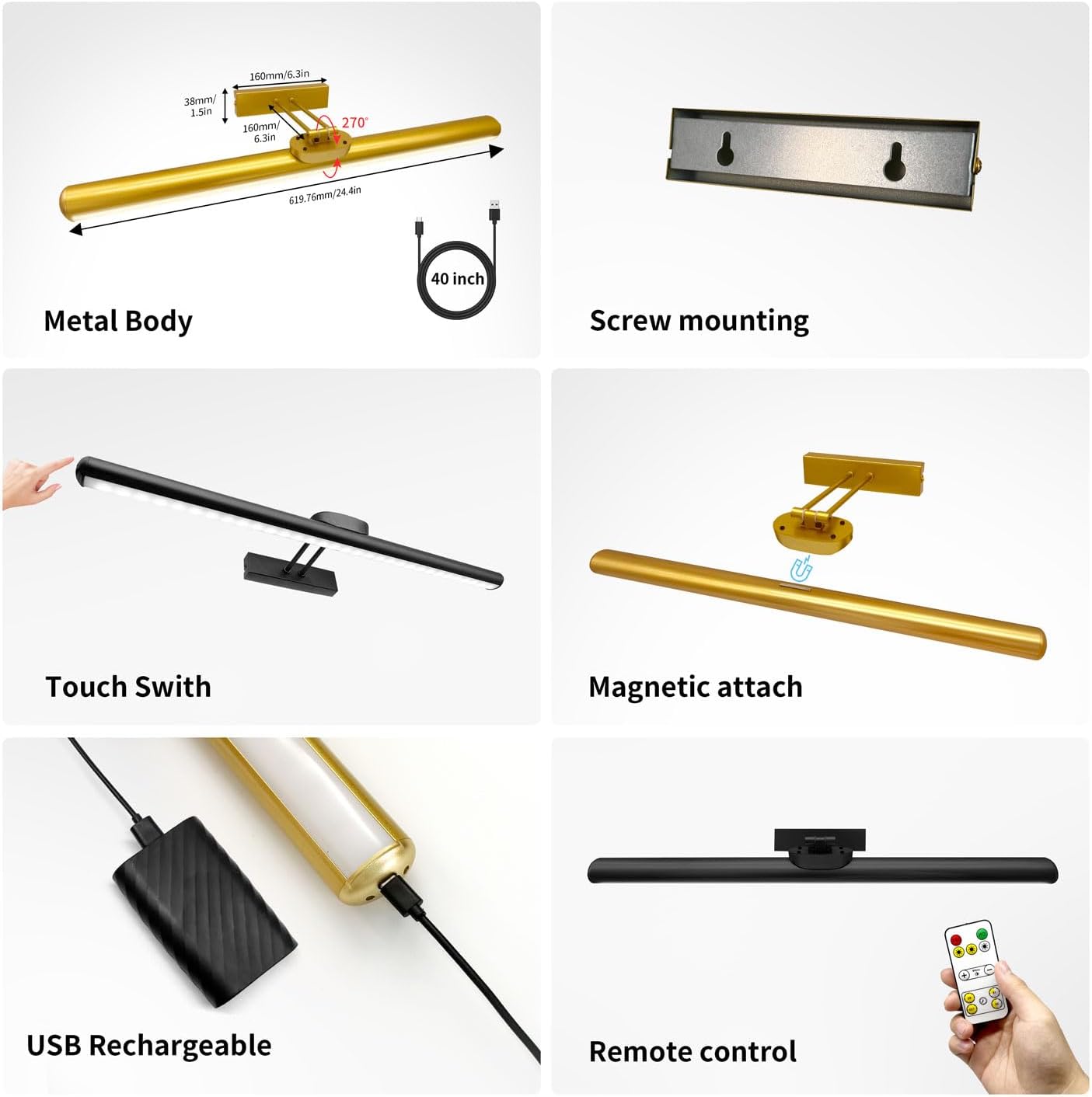 24.4" Wireless Picture Lights, Rechargeable Battery Art Display Light with Remote Control, Dimmable/Timer Off Dartboard Light, 3 Lighting Modes Full Metal Painting Display Lights (Gold-2Pack)