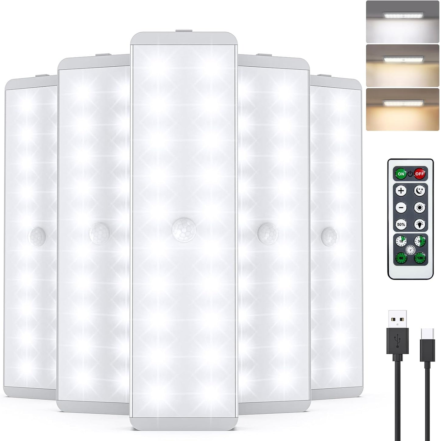 LED Closet Light, 5 Pcs 3 Color Temperatures Dimmer USB Rechargeable Motion Sensor Light Under Cabinet Lighting, Stick-Anywhere Night Safe Light Bar for Wardrobe,Kitchen