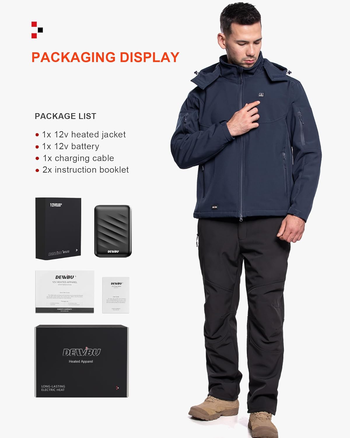 DEWBU Soft Shell Heated Jacket for Men with 12V Battery Pack and Detachable Hood Outdoor Electric Heating Coat