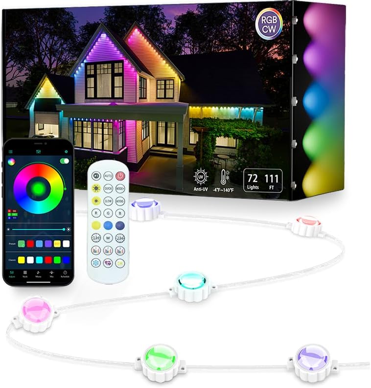 Smart Outdoor Christmas Lights, 36 LED, 54 Scene Modes, IP68 Waterproof, Compatible with Alexa & Google Assistant (52 Ft)