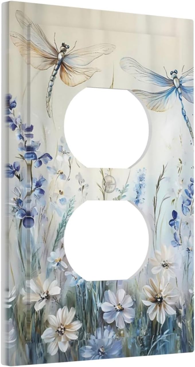 Decorative Outlet Covers Watercolor Dragonfly Blue Wihte Flower 1 Gang Duplex Light Switch Cover Plate Unique Wall Plates for Electrical Outlets Switch Plate Covers for Bedroom Home Decor