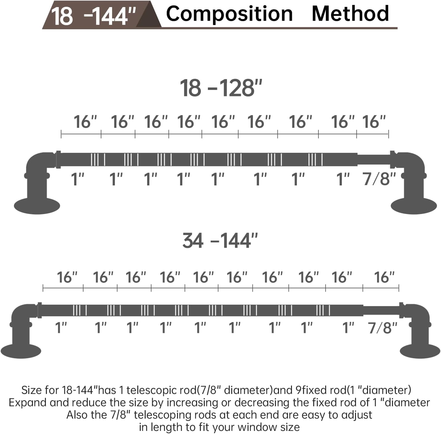 Industrial Curtain Rods 18 to 144 in,Blackout Curtain Rod,Adjustable Length,1 in Diameter Pipe,Wall or Ceiling Mounted,for Bedroom and Living Room (Antique Silver 18” to 144”)