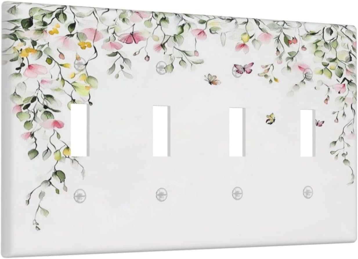 Watercolor Flowers Vine Colorful Butterfly Floral Light Switch Covers Quad Toggle Electrical Faceplate 4 Gang Wall Plate Decorative Switch Plates For Bed Room Living Room Decor