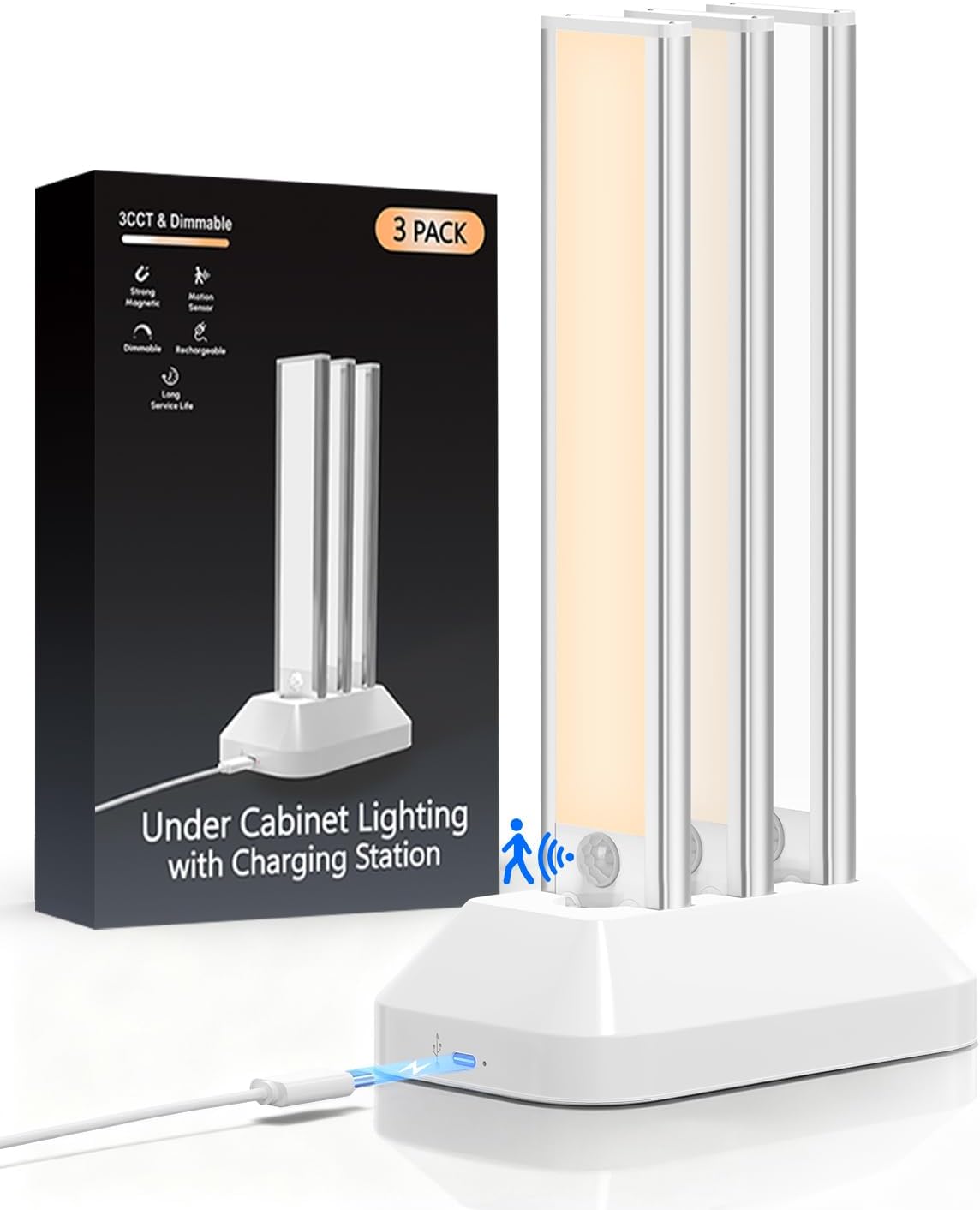 Under Cabinet Lighting with Charging Station, 2000mAh Rechargeable Motion Sensor Light Indoor, 3 Color Tempers Dimmable Closet Lights Wireless, Magnetic Under Cabinet Lights for Kitchen, 3-Pack