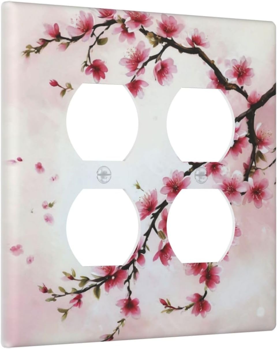 Decorative Outlet Covers Rustic Branch with Pink Flowers Plum Blossom 2 Gang Wall Plate Double Duplex Light Switch Cover Switch Plate Covers Faceplate for Bedroom Home Decor