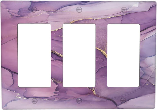 Light Switch Covers Purple Marbling Golden Line 3 Gang Rocker Electrical GFCI Decorative Triple Outlet Wall Plate Cover Switchplate for living Room Bathroom Decor