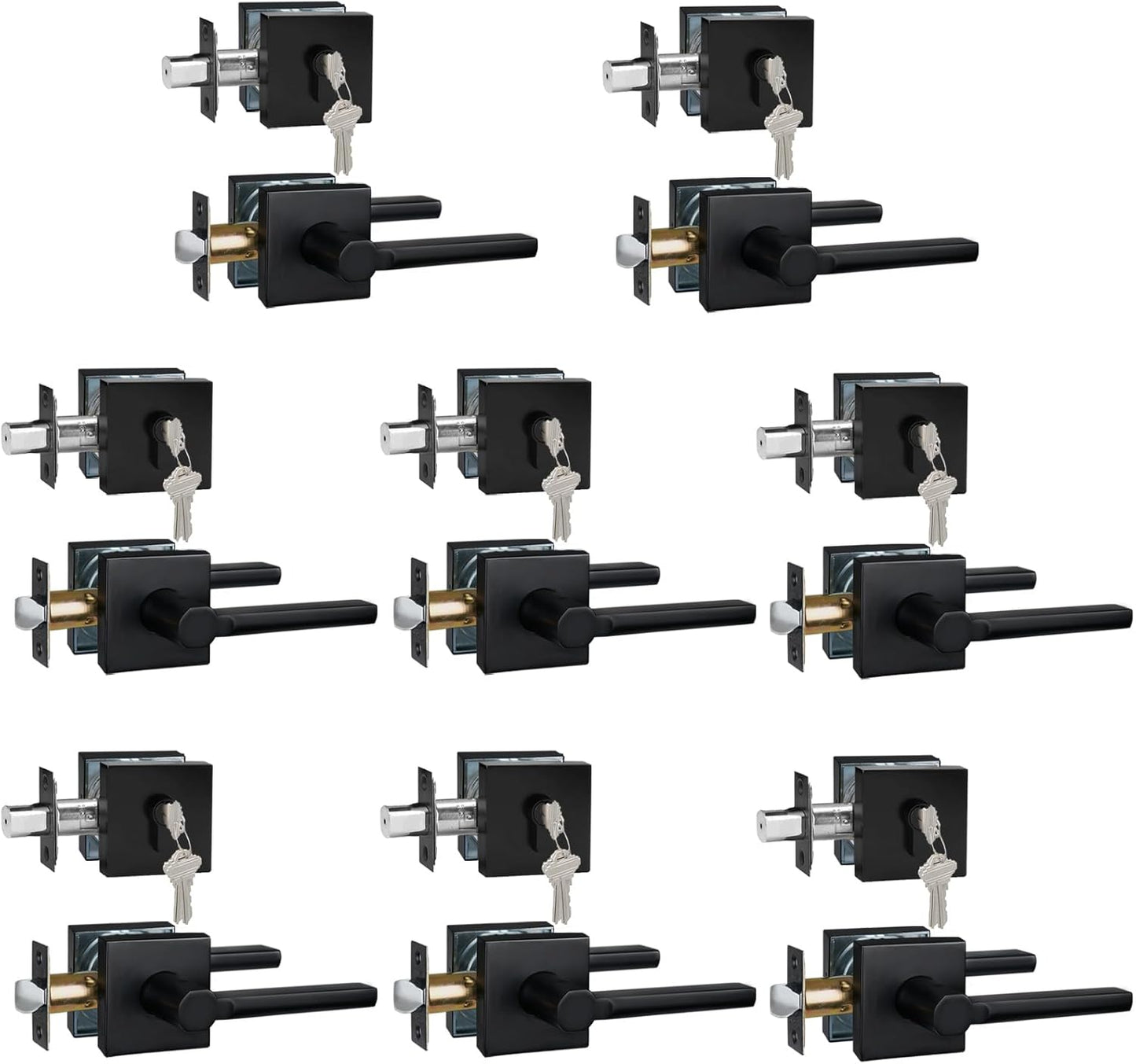 8 Sets Passage Door Lever and Single Cylinder Deadbolt Lock Set, Heavy Duty Square Handle for Entrance and Front Door, Matte Black, Different Keys
