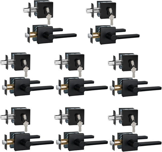 8 Sets Passage Door Lever and Single Cylinder Deadbolt Lock Set, Heavy Duty Square Handle for Entrance and Front Door, Matte Black, Different Keys