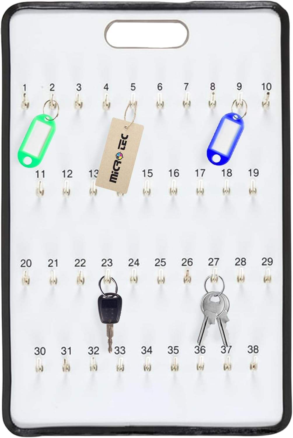 Masonite Key Holder Wall Mount with 38 Spring-Lock Hooks 16" × 23-1/2" – Wall Mounted Key Organizer Board with Metal Trim and Handle – Dealership, Office, Garage Key Rack Cabinet - Pack of 2