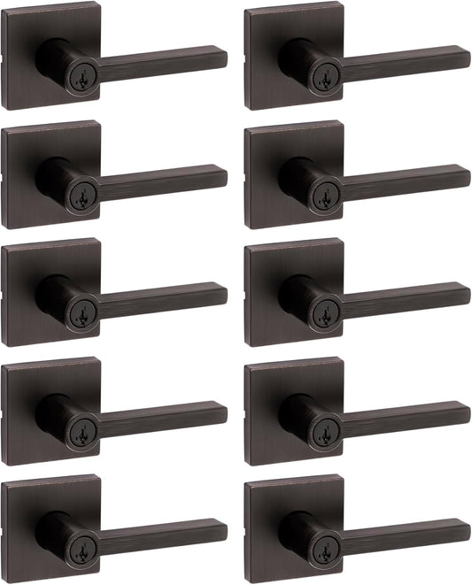 Kwikset Halifax Entry Door Handle with Lock and Key, Secure Keyed Reversible Lever Exterior, for Front Entrance and Bedrooms, Venetian Bronze, 10 Pack, Pick Resistant SmartKey Rekey Security