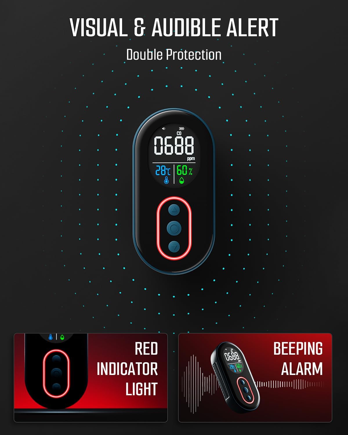 DS-399 Portable Carbon Monoxide Detectors, 168H Standby, Rechargeable 3-in-1 CO Detector with Audible & Visual Alerts for Travel & Camping, CO Meter for Home, Car & Tent - Dark Blue