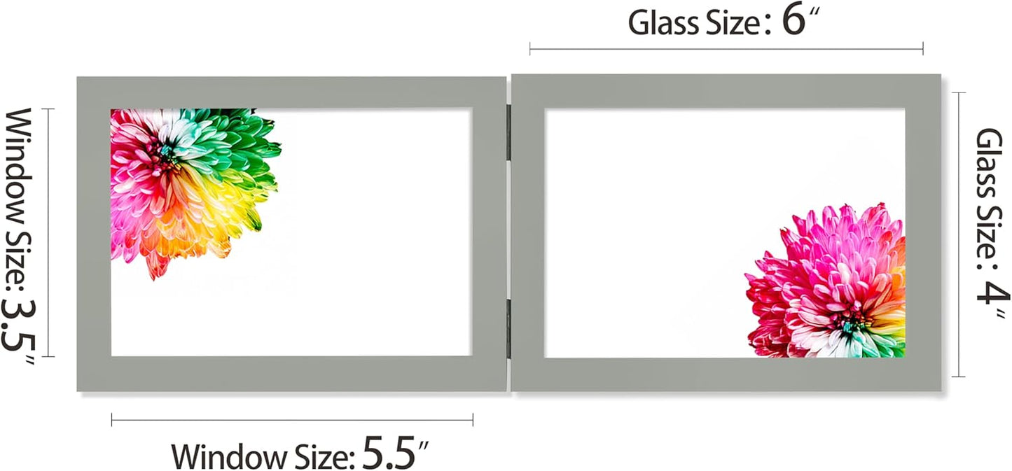 Double 4x6 Horizontal Combo, Grey Wood Picture Frame, 3.5x5.5 Opening Foldable Landscape View Photo Frame on Table-top or Wall