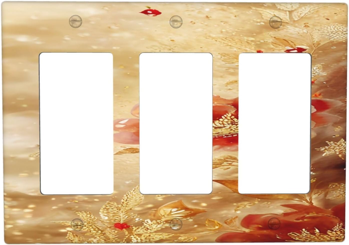 Decorative Outlet Covers Golden Leaf Red Peony Flowers Floral 3 Gang Wall Plate Triple Rocker Light Switch Cover Plate Jumbo Electrical GFCI Faceplate for Bedroom Home Decor