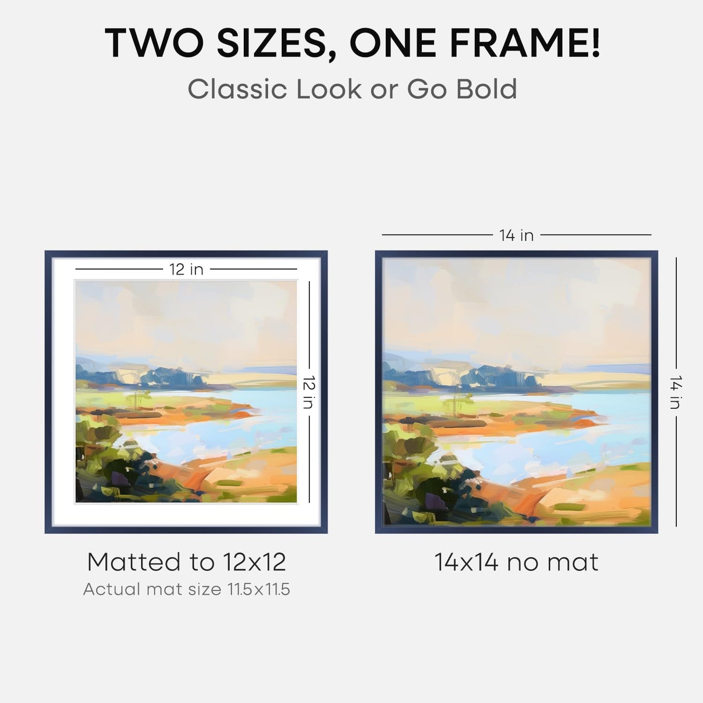 Homeforia 14x14 Picture Frame Navy Blue, High End Metal 14 x 14 Square Poster Frame with Mat 12 x 12 Photo, 14x14 Frame Matted to 12x12 Print, 14by14 Hanging Frames, Tempered Glass, Wall Kit, Set of 1