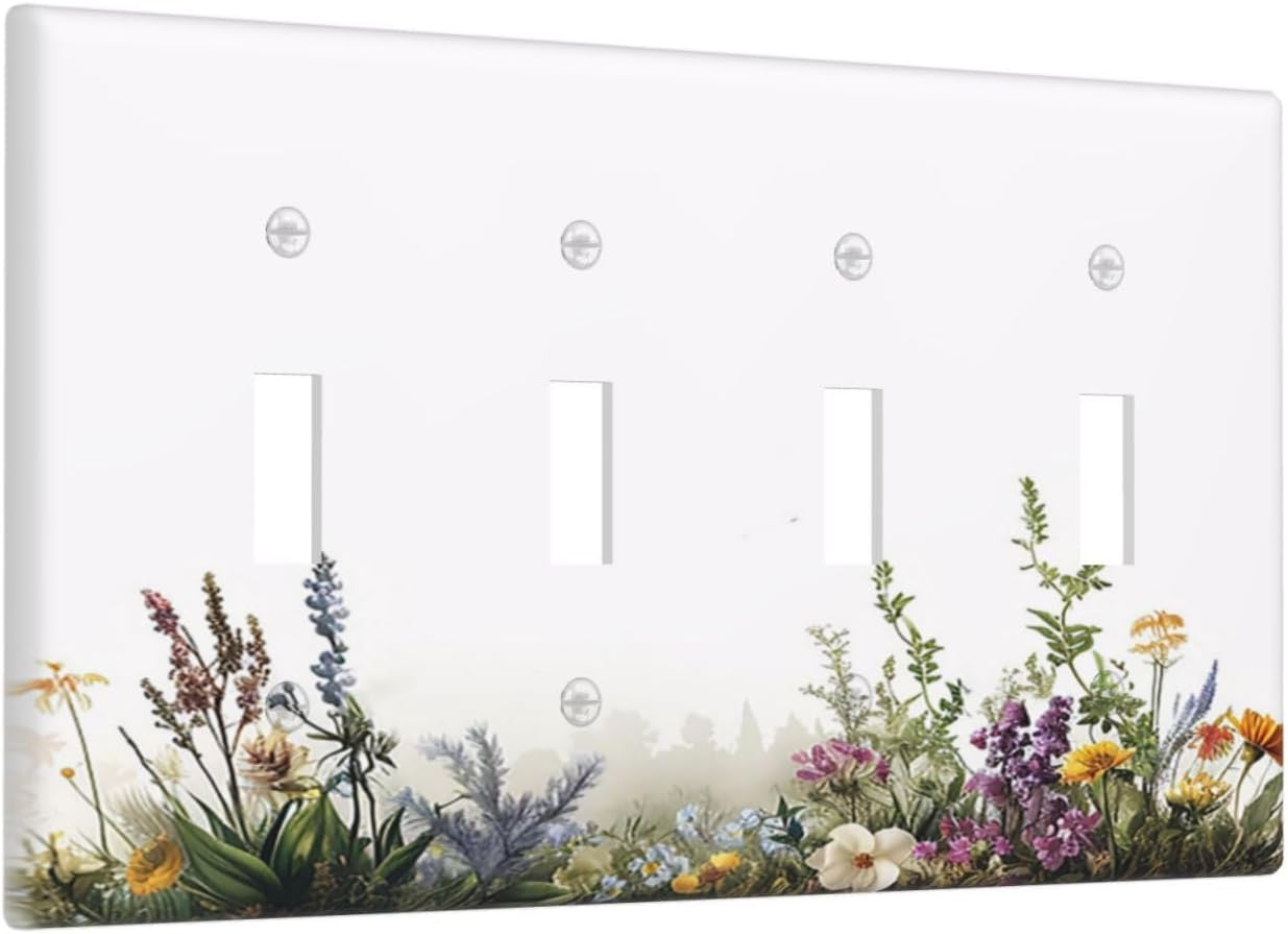 Light Switch Cover Plate White Background Colorful Flowers Plants Green Leaves 4 Gang Quad Toggle Wall Plate Electrical Outlet Cover Decorative Switch Plate Covers for Bedroom Home Decor