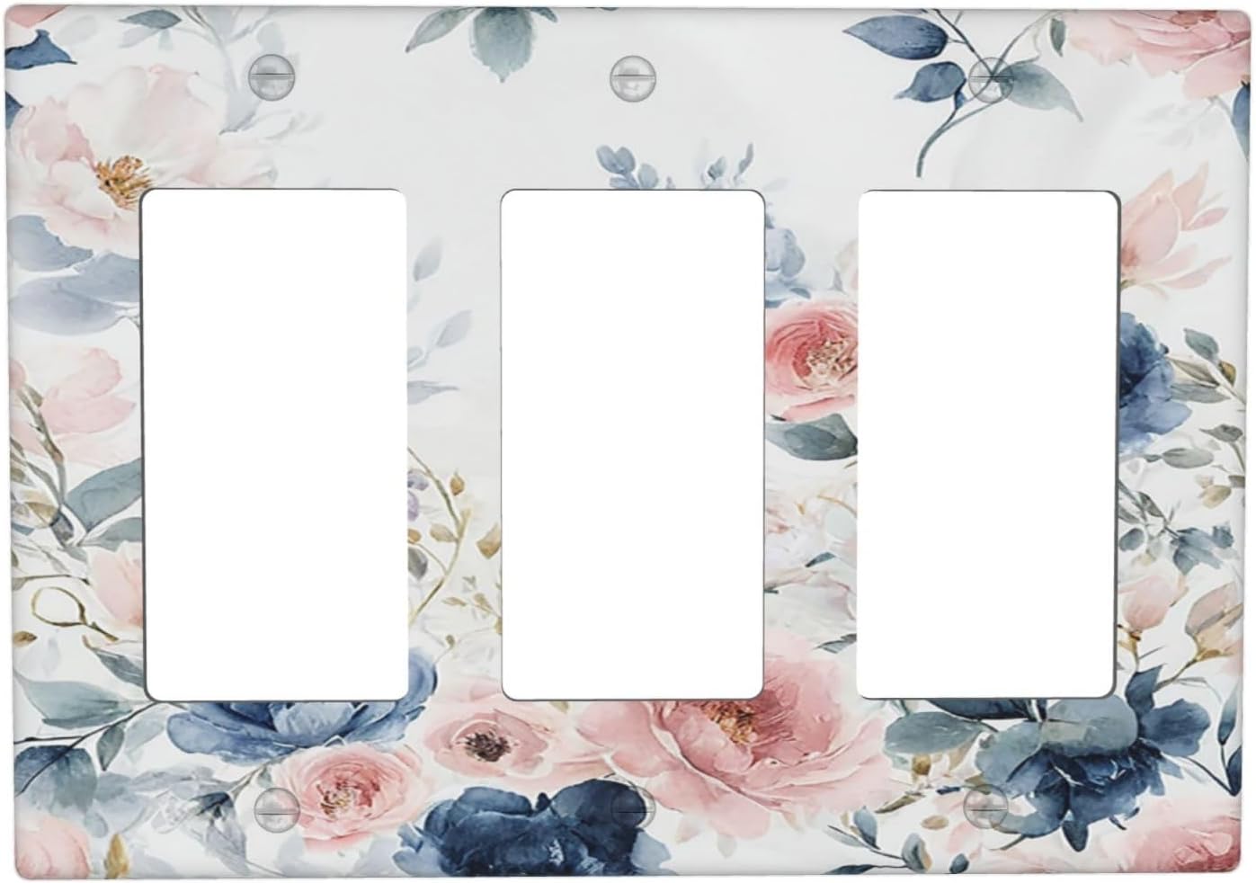 Elegant Watercolor Pink Blue Flowers Floral Triple Rocker Light Switch Covers 3 Gang Outlet Cover Wall Plates Decorative Switch Plates Electrical GFCI Faceplate Switchplate for Home 4.49 X 6.38 IN