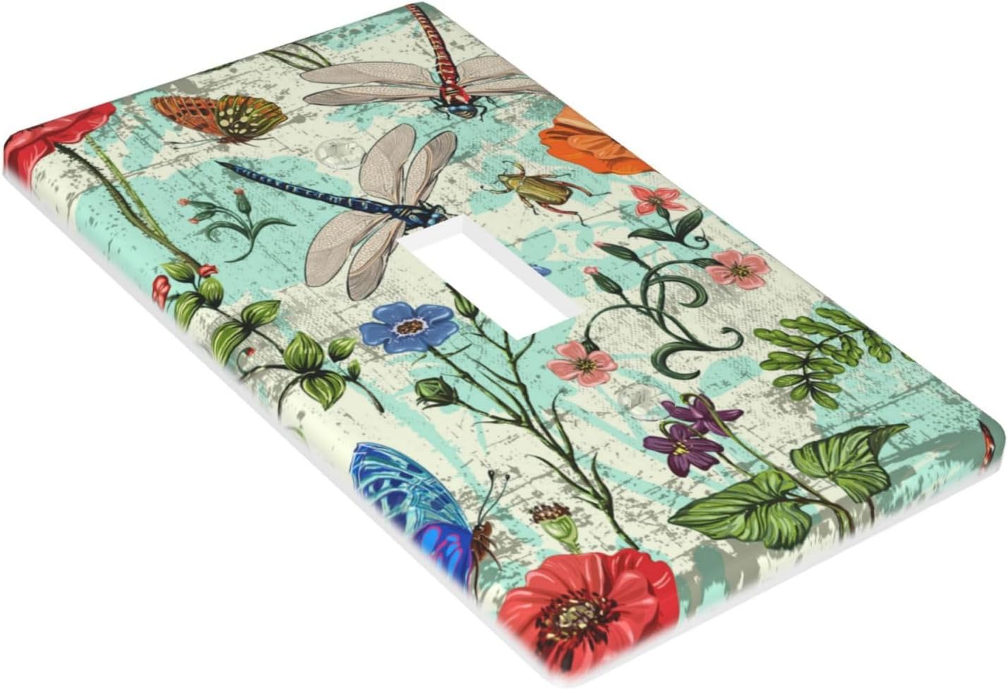 Dragonflies Flowers Butterfly 1 Gang Single Toggle Outlet Light Switch Cover Decorative Single Toggle Wall Plate Cover For Home Living Bedroom Kitchen Decorative