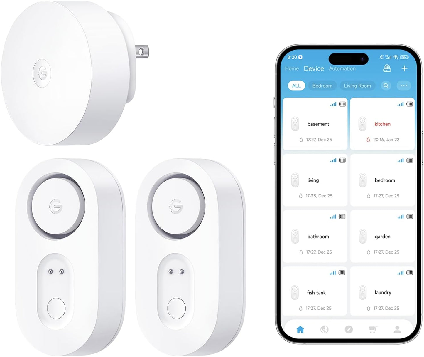 GoveeLife Upgraded Smart Water Leak Detector 1s with 1804ft Ultra-Long Range, WiFi Water Sensor with SMS/Email/APP Push and Sound Alarm, 5-Year Battery Life, Suit for Home, Basement, Kitchen, 2 Pack
