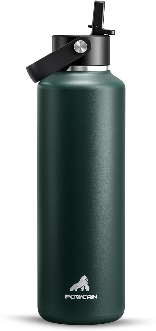 POWCAN 24 oz Water Bottle Insulated: BPA-Free, Leakproof Lid with Straw, Lightweight, Flex Cap, Stainless Steel Water Bottle for Sport, Hikig, Office, Commute, Worker, Walking, Cycling (Fir Green)