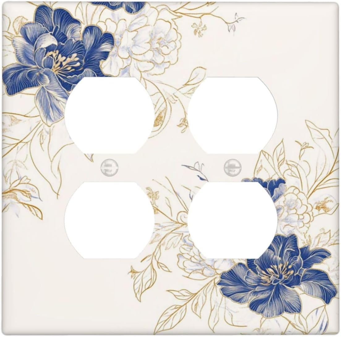 Decorative Outlet Covers Rustic Blue Flower Floral Gold Leaf 2 Gang Light Switch Cover Plate Double Duplex Wall Plates for Electrical Outlets Switch Plate Covers for Bedroom Home Decor
