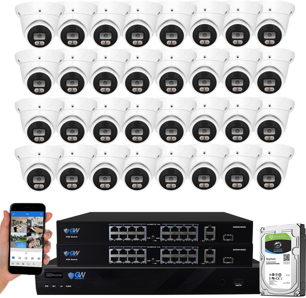 GW Security 32 Channel 8MP Fulltime Color Night Vision 4K NVR Security Camera System with 32 UltraHD 4K Two-Way Audio Outdoor/Indoor Smart AI Face Recognition Human Vehicle Detection PoE Dome Cameras