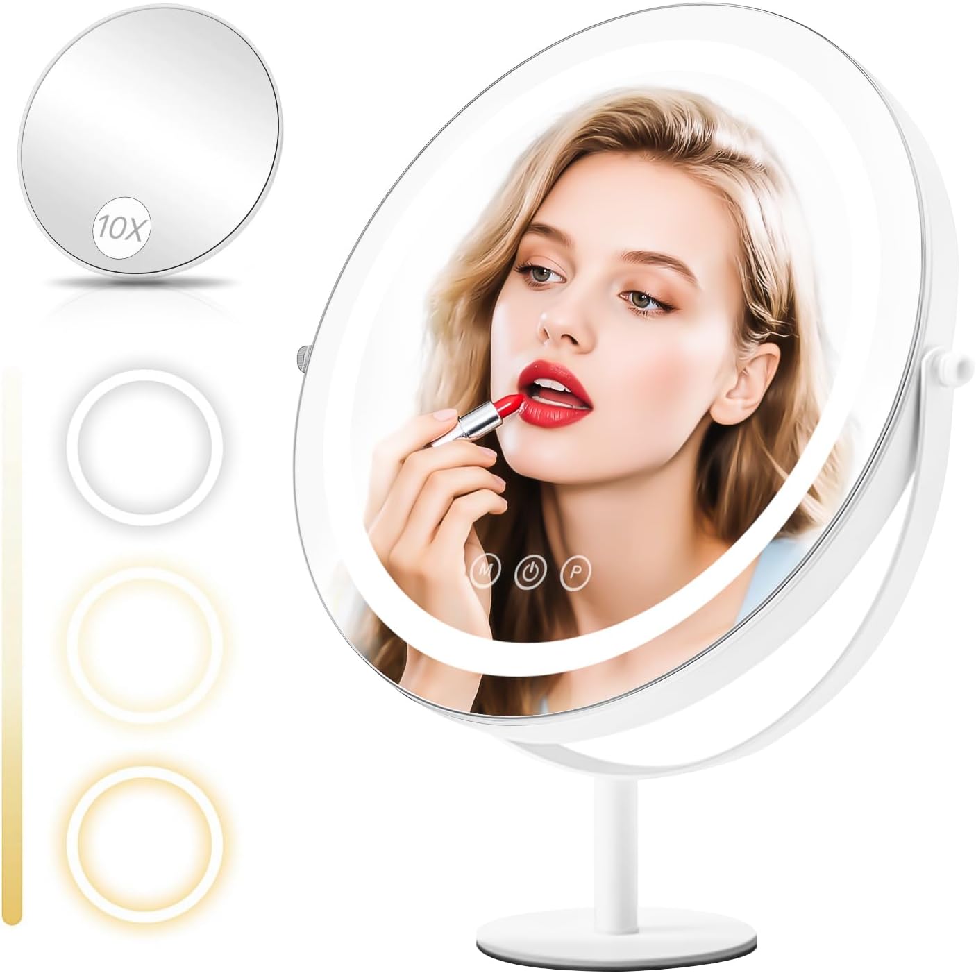 Makeup Mirror with Lights, Lighted Makeup Mirror with Magnification, 1x/10x, Large Round Vanity Mirror with Stand, 3 Color Modes, Brightness Adjustable, Smart Touch Control, 13 Inches Diameter