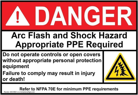ComplianceSigns.com DANGER Arc Flash And Shock Hazard Appropriate PPE ANSI NFPA 70E Safety Sign, 10x7 in. Magnetic for Electrical