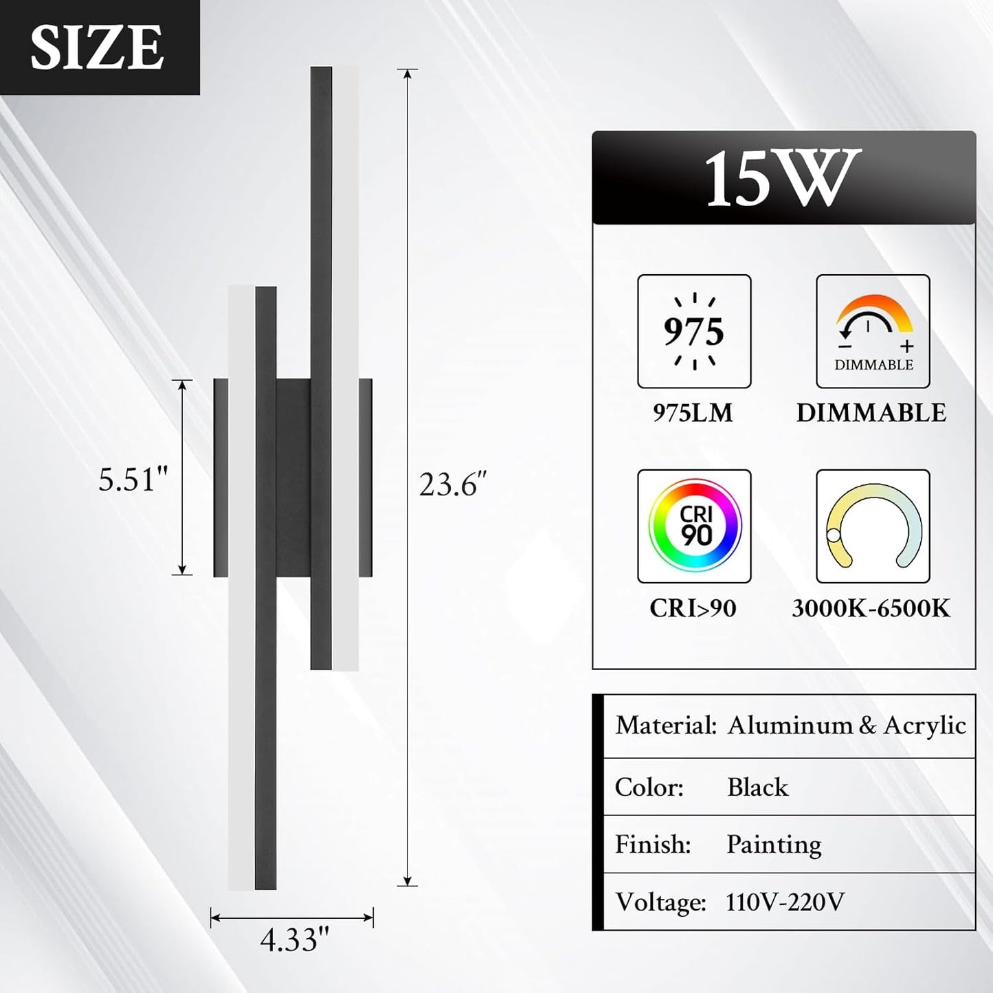 LED Wall Sconce Black Modern Remote Wall Light Fixtures for Living Room, Dimmable LED Vanity Light Indoor Remote Wall Sconce for Bedside Bedroom Bathroom Dining Room, 23.6inch 1 Pack