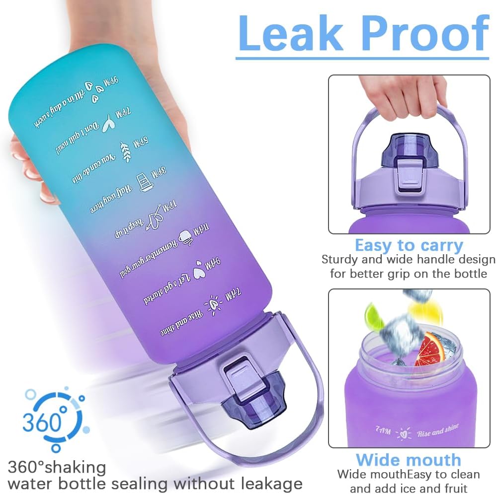 64 oz Large Capacity Water Bottle with Motivational Time Markers and Straw, Portable, Leakproof, BPA Free for Fitness, Gym and Outdoor Sports. (Purple)