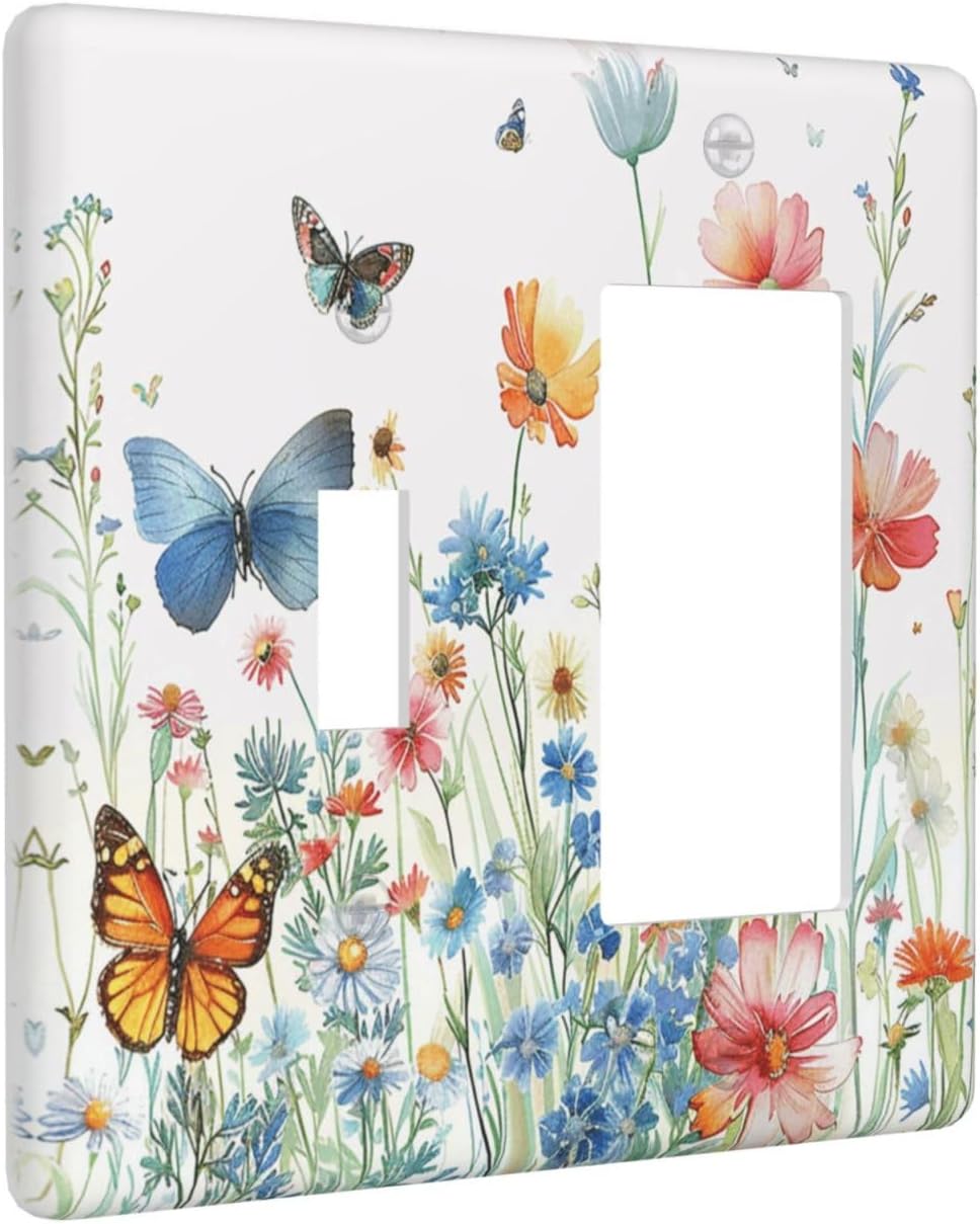 Decorative Outlet Covers Wildflower Blue Pink Floral Butterfly 2 Gang Light Switch Cover Plate Single Toggle 1 Rocker Wall Plates for Electrical Outlets Switch Plate Covers for Home Decor