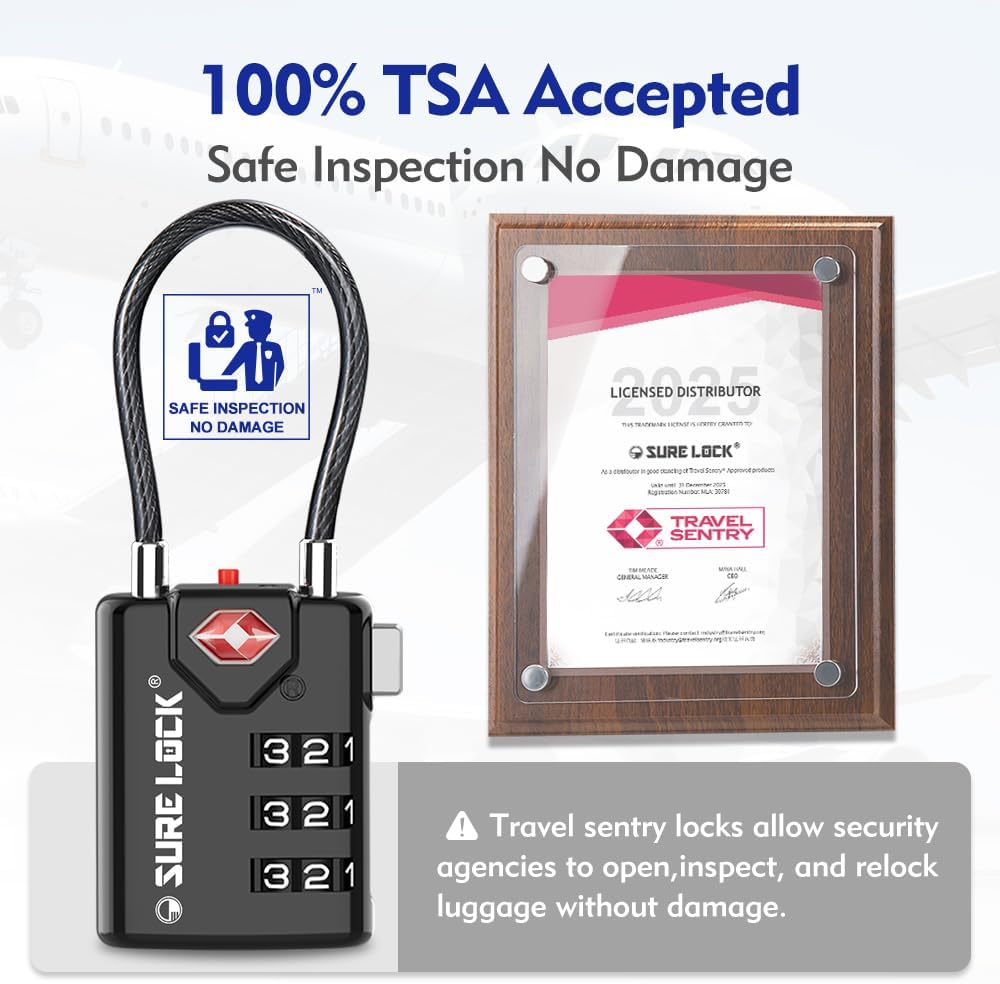 SURE LOCK TSA Compatible Travel Luggage Locks, Inspection Indicator, Easy Read Dials TSA Approved with Zinc Alloy Four Colour