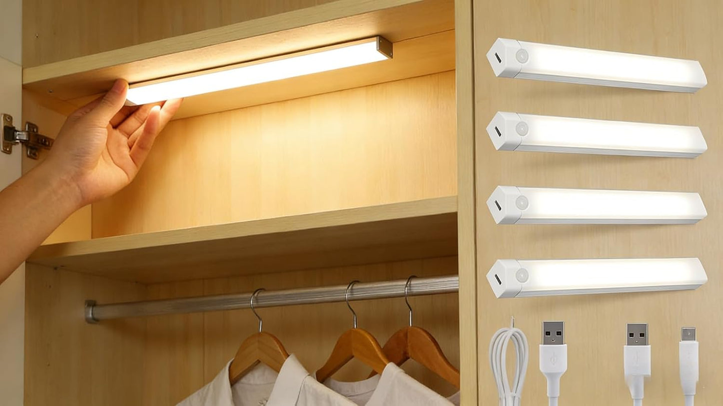 4 Pcs Punch-Free Smart Sensor Magnetic Rechargeable Led Lights, Motion Sensor Light Indoor, USB C Rechargeable Closet Under Counter Lighting for Kitchen,Wardrobe,Cupboard (30cm/11.8in)