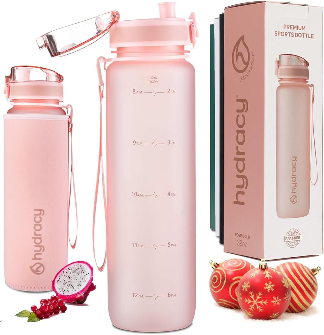 Hydracy Water Bottle with Time Marker -Large BPA Free Water Bottle & No Sweat Sleeve -Leak Proof Gym Bottle with Fruit Infuser Strainer & Times to Drink -Ideal for Fitness Sports & Outdoors