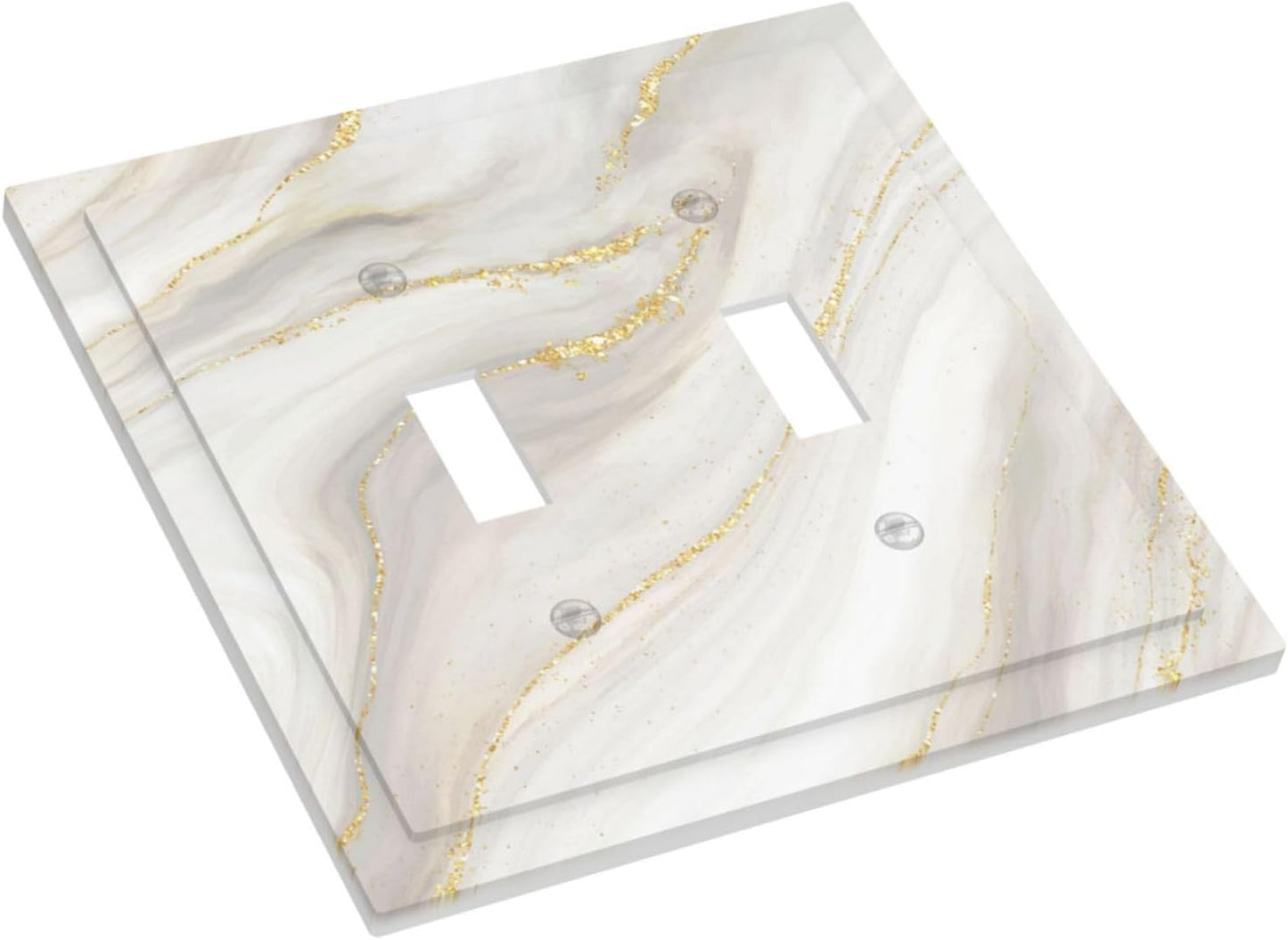 White Grey Gold Marble Simple Tiles Decorative Switch Plates 2 Gang Double Toggle Outlet Light Switch Cover Wall Plate Electrical Faceplate for Bathroom Kitchen Decor