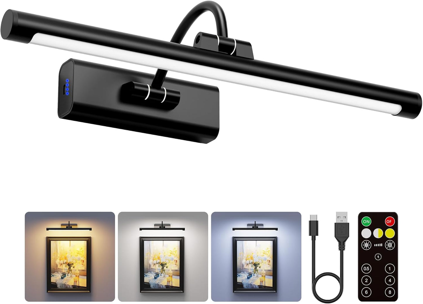 16" Picture Light with 6000mAh Battery - Black Operated Wireless Wall Sconce with Remote & Timer for Paintings, Photos & Frames