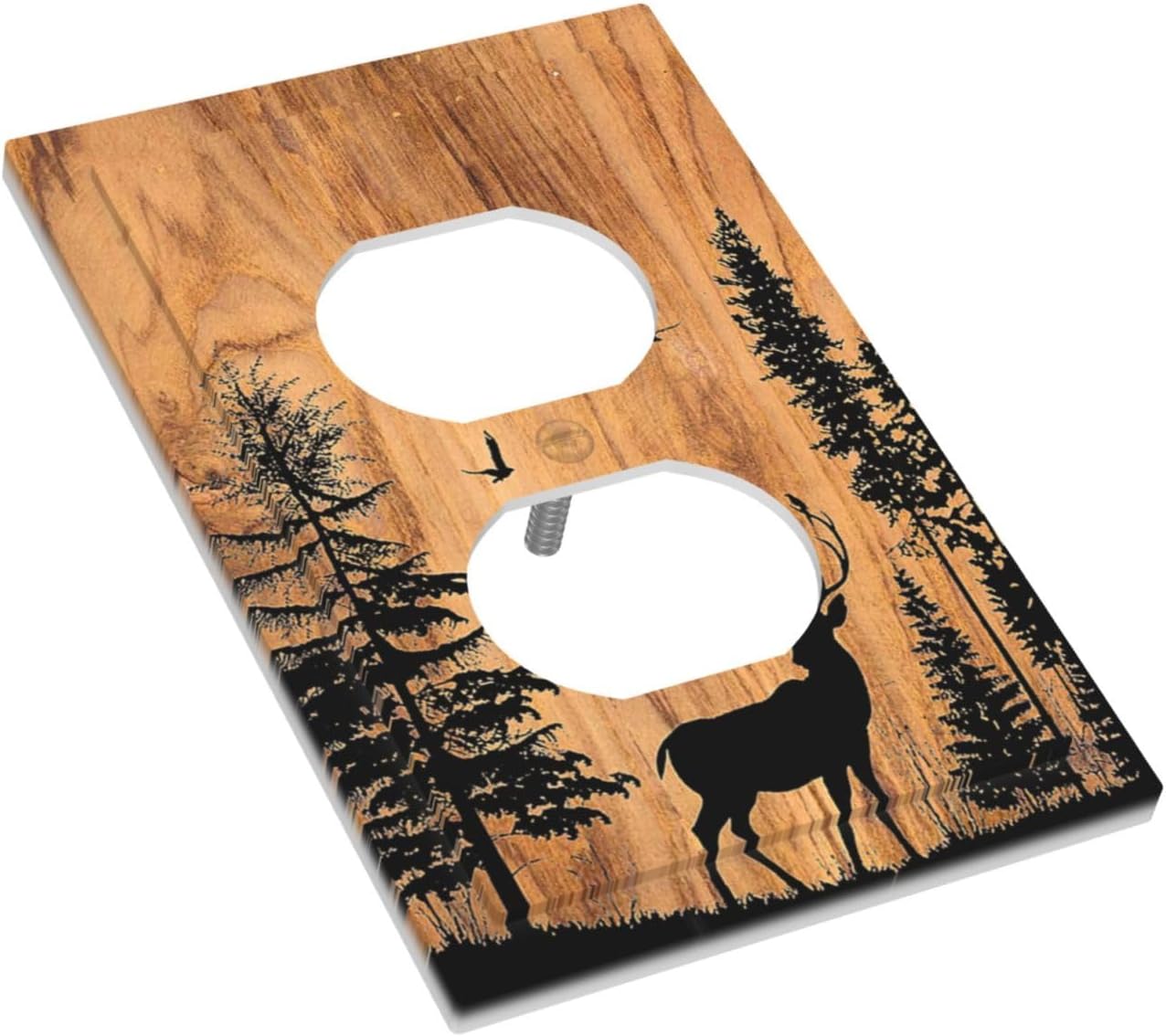 Outlet Covers Rustic Farmhouse Orange Brown Pine Tree Deer Wood Grain 1 Gang Duplex Wall Plate Decorative Switch Plates Electrical Receptacle Faceplate Light Switch Cover for living Room