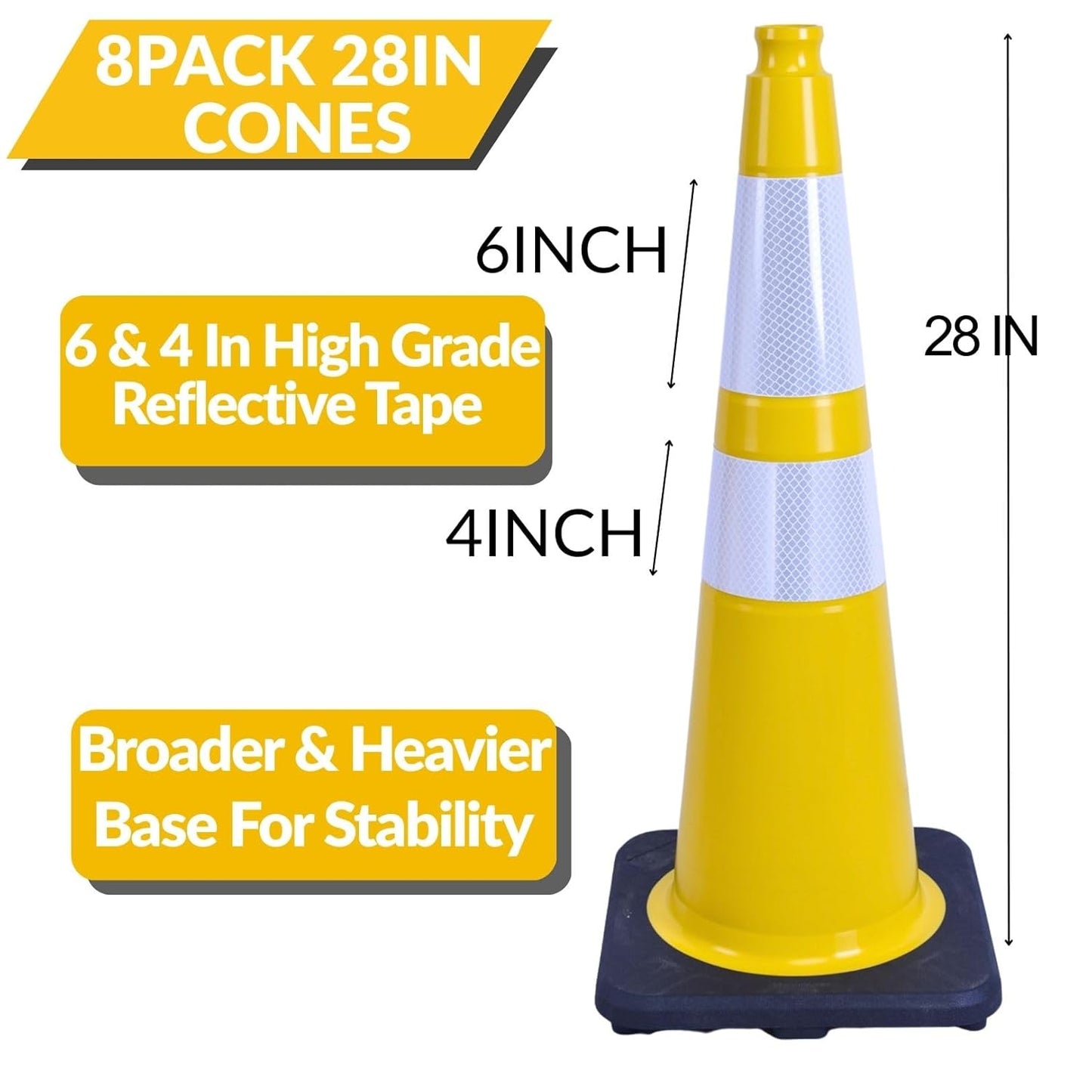 BESEA 8PACK 28” inch Traffic Safety Cones Yellow Road Parking Cones Heavy Duty Construction Cone Structurally Stable for Traffic Control at Public Place