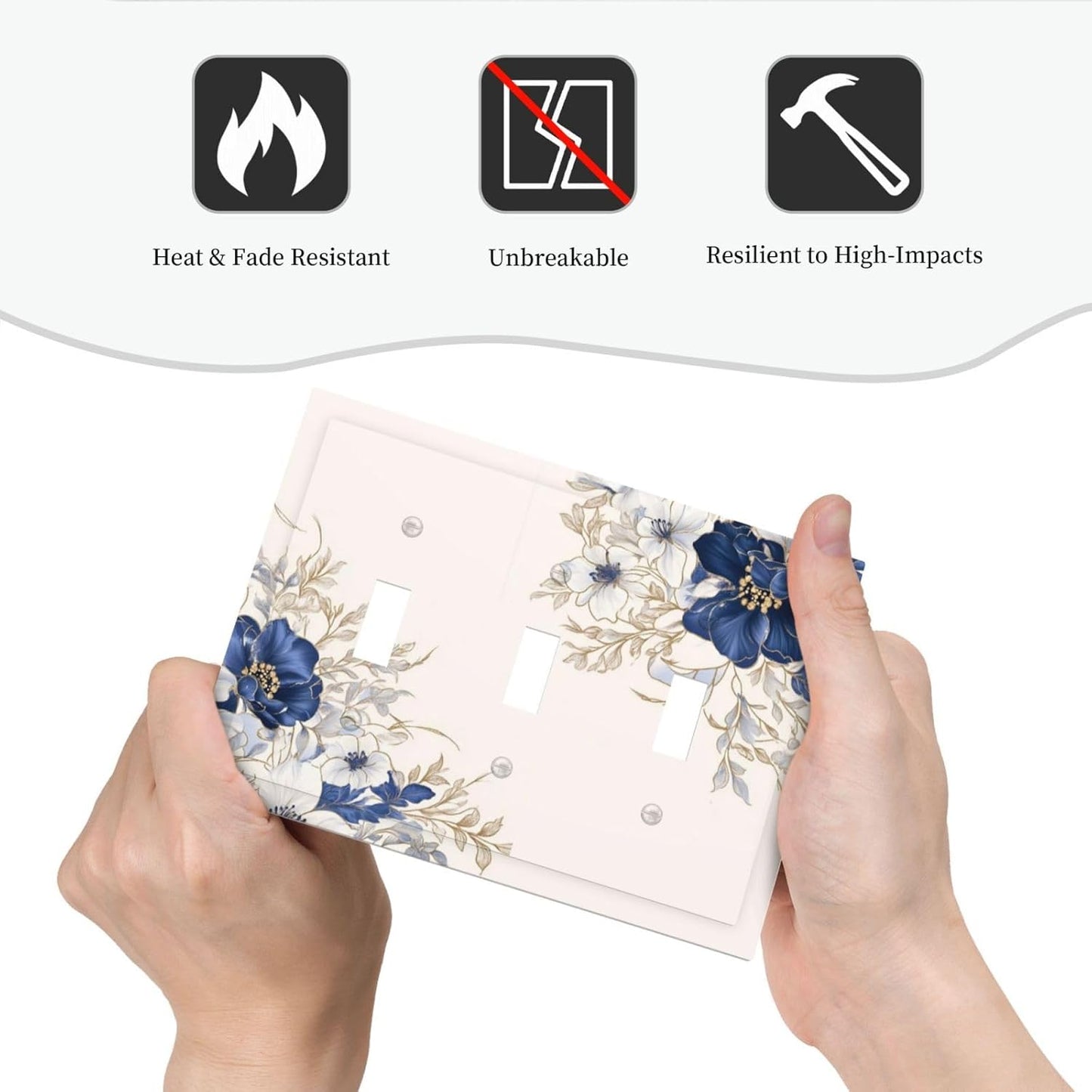 Decorative Light Switch Cover Plate Rustic Blue White Flowers Floral Penoy 3 Gang Wall Plate Oversized Triple Toggle Switch Cover Plate Jumbo Face Plate for Bedroom Decor