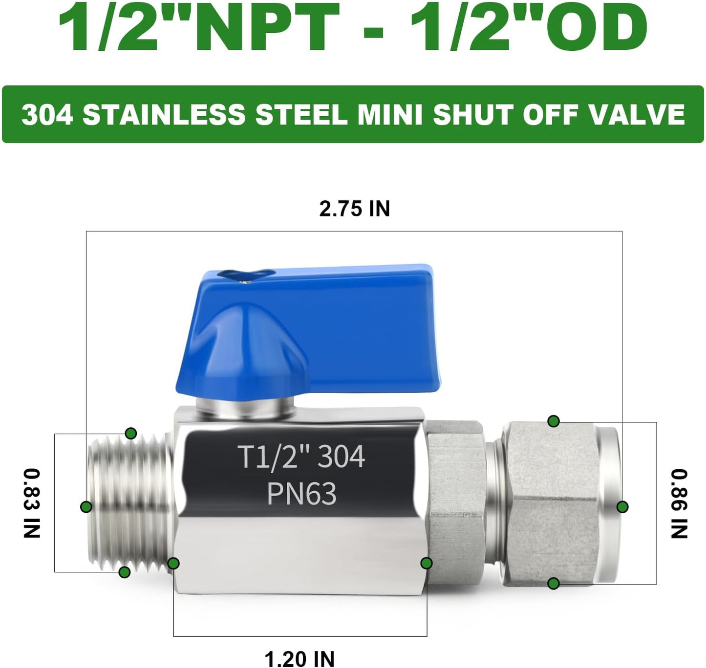 TAISHER 2PCS 304 Stainless Steel Compression Mini Ball Valve Shut Off Switch, 1/2" Tube OD x 1/2" NPT Male