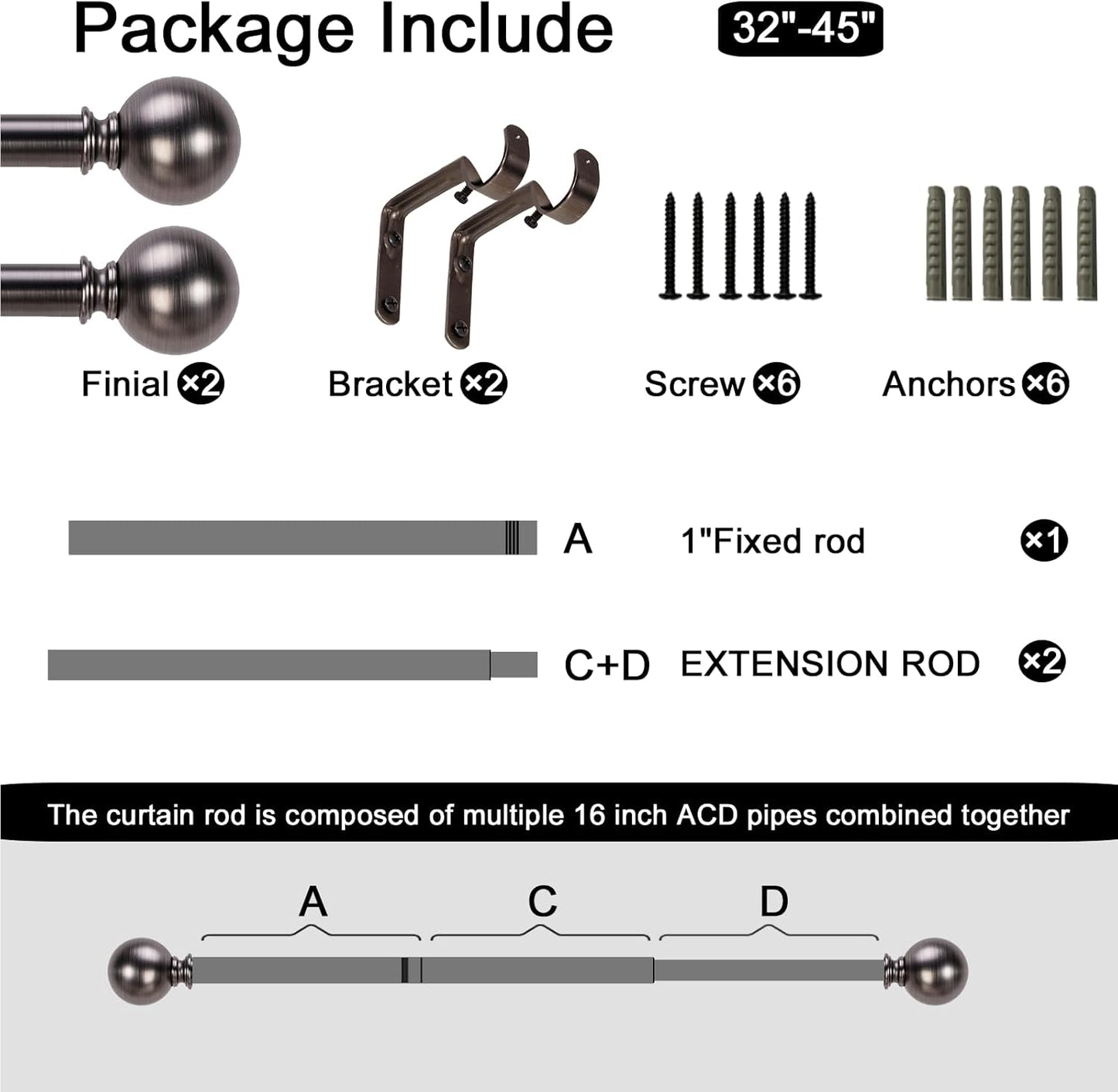 Nickel Curtain Rods for Windows 18 to 45 inches, 1 Inch Modern Metal Drapery Rods, Adjustable Heavy Duty Curtain Pole with Round Finials(18"-45"Antique Nickel)
