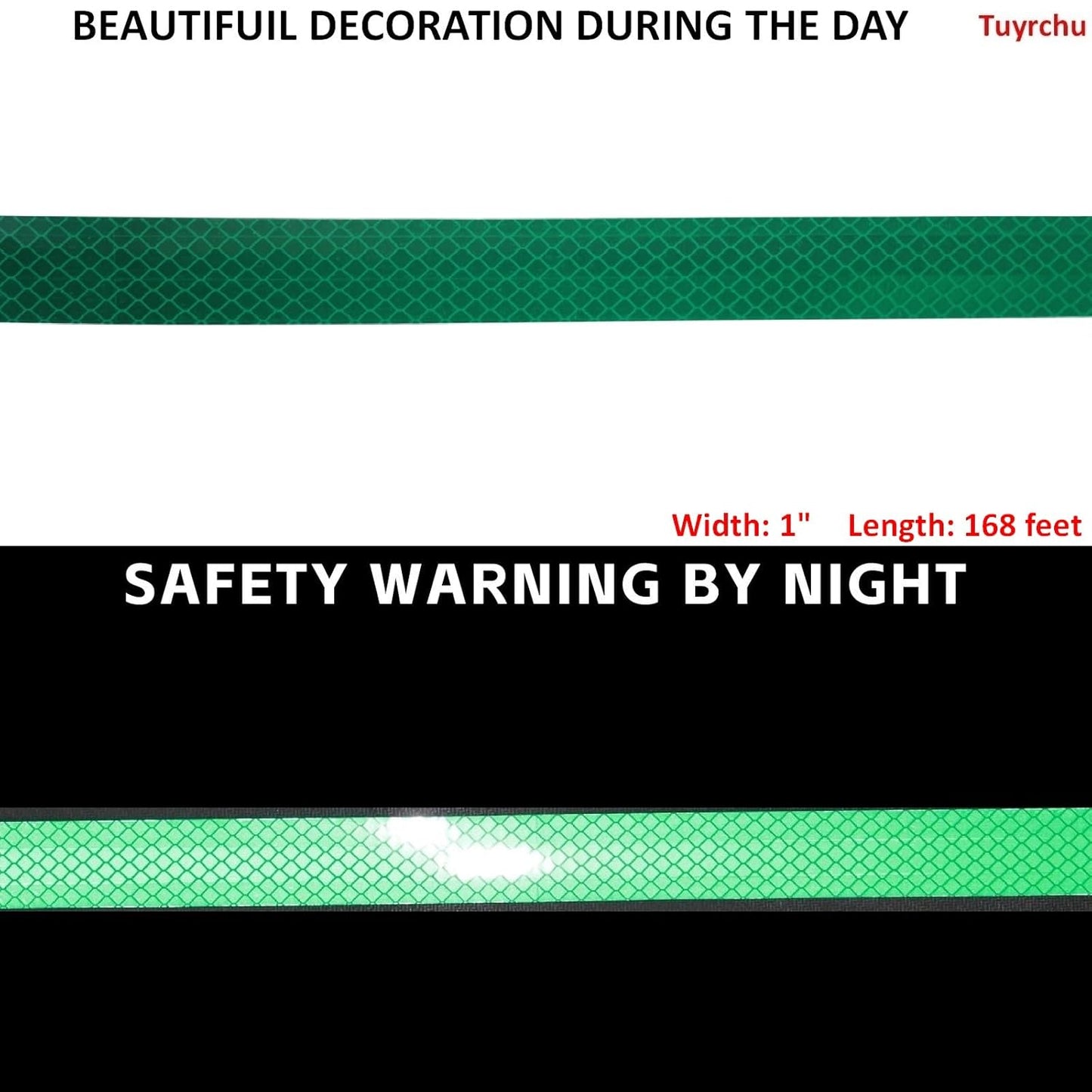 Non Fading Green Reflective Tape Outdoor Waterproof 1 inch Wide, High Visibility Warning Industrial Marking Tape, Safety Stickers (168 feet)