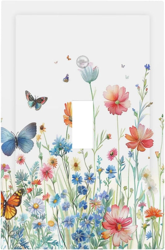 Decorative Light Switch Cover Plate Rustic Wildflower Blue Pink Floral Butterfly 1 Gang Single Toggle Wall Plates for Electrical Outlets Outlet Covers Switch Plate Covers for Home Decor