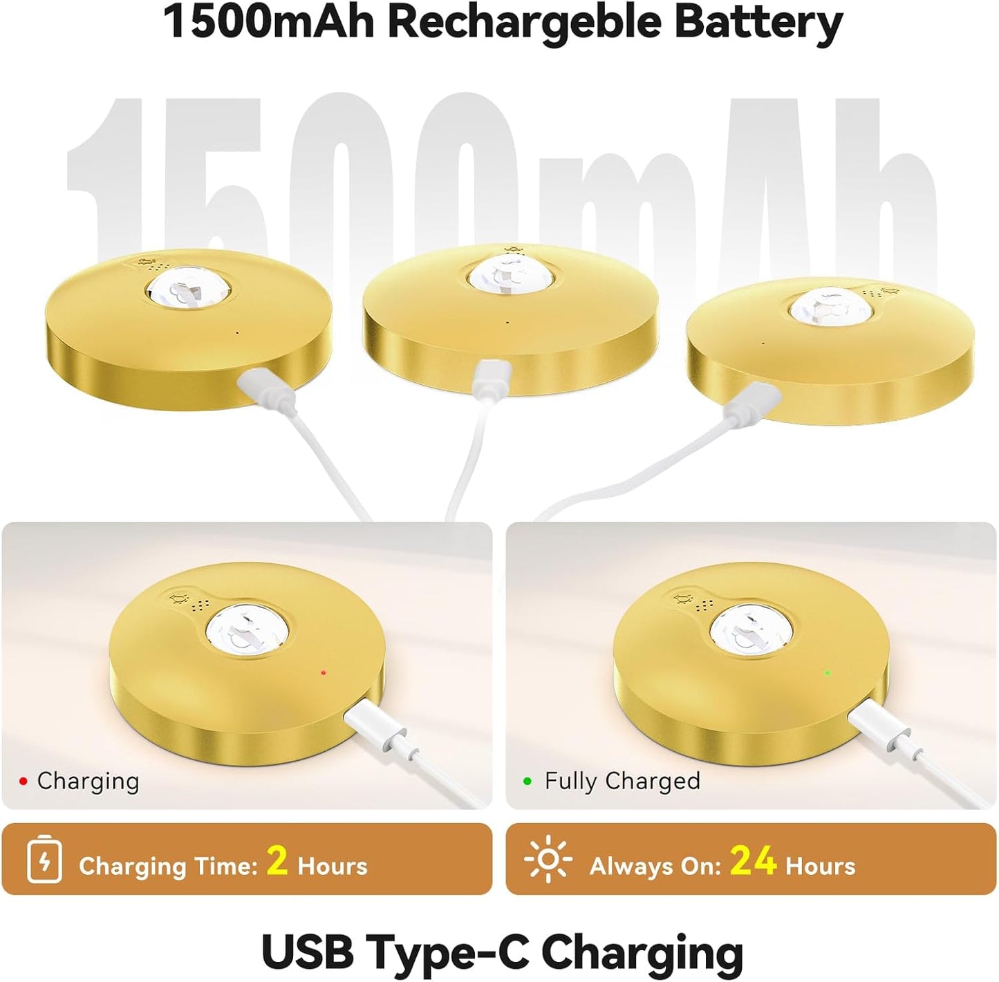 Rechargeable Puck Lights with Remote, 3 Pack Magnetic Under Cabinet Lighting, 1500mAh Battery Operated LED Tap Lights with Dimmer & Timmer for Kitchen, Closet, Shelf - 3 Color Temps & 12 RGB, Gold