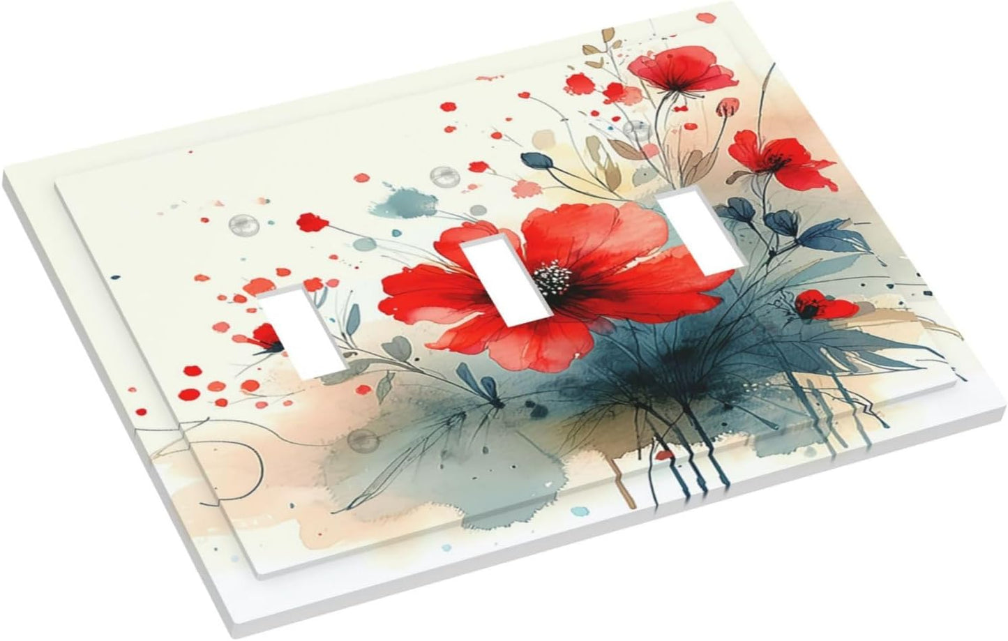 Vintage Floral Red Watercolor Modern Decorative Switch Plates 3 Gang Wall Plate Triple Toggle Light Switch Cover Electrical Wall Panels Faceplate for Bedroom Bathroom Decor